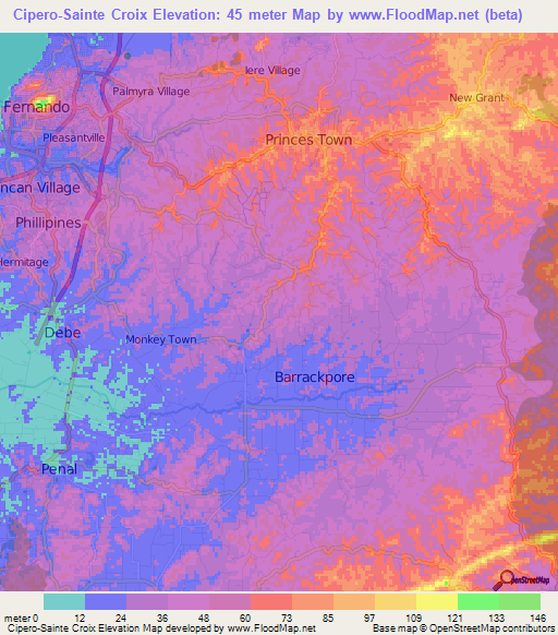 Cipero-Sainte Croix,Trinidad and Tobago Elevation Map