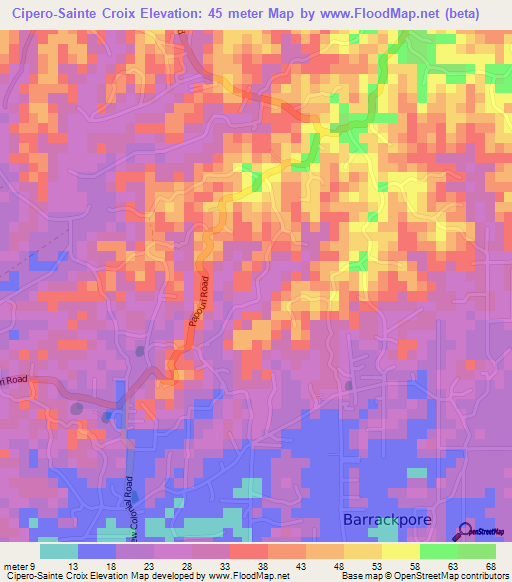 Cipero-Sainte Croix,Trinidad and Tobago Elevation Map