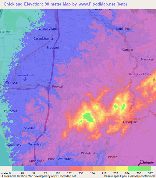 Chickland,Trinidad and Tobago Elevation Map