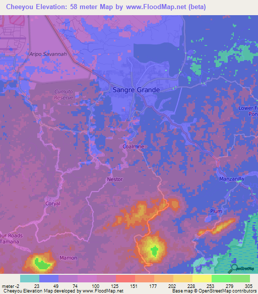 Cheeyou,Trinidad and Tobago Elevation Map