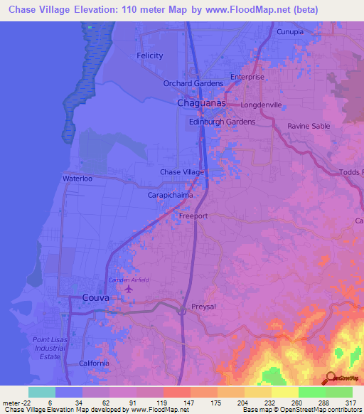Chase Village,Trinidad and Tobago Elevation Map