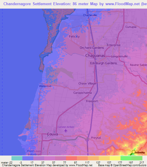 Chandernagore Settlement,Trinidad and Tobago Elevation Map