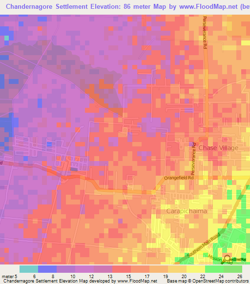 Chandernagore Settlement,Trinidad and Tobago Elevation Map