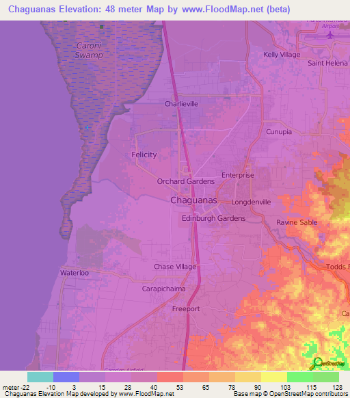 Chaguanas,Trinidad and Tobago Elevation Map