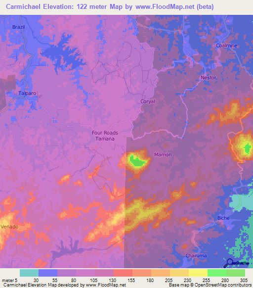 Carmichael,Trinidad and Tobago Elevation Map