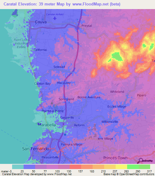 Caratal,Trinidad and Tobago Elevation Map