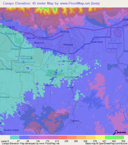 Carapo,Trinidad and Tobago Elevation Map