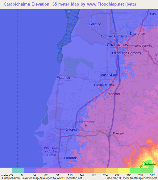 Carapichaima,Trinidad and Tobago Elevation Map