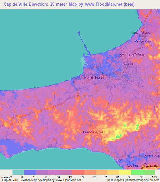 Cap-de-Ville,Trinidad and Tobago Elevation Map