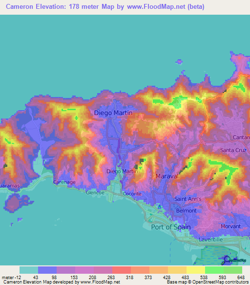 Cameron,Trinidad and Tobago Elevation Map