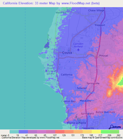 California,Trinidad and Tobago Elevation Map