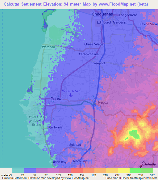 Calcutta Settlement,Trinidad and Tobago Elevation Map