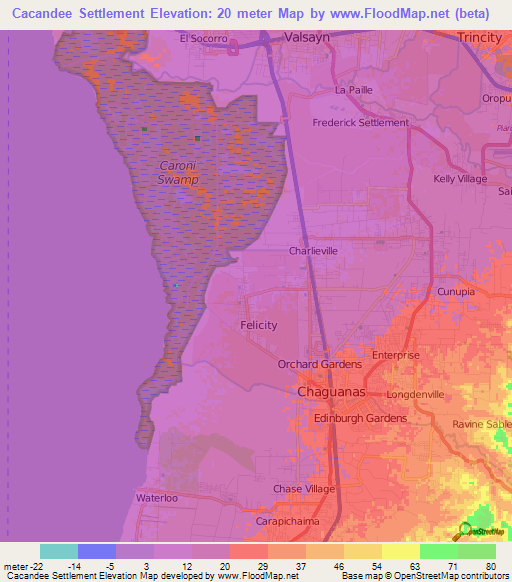 Cacandee Settlement,Trinidad and Tobago Elevation Map