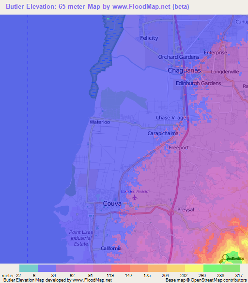 Butler,Trinidad and Tobago Elevation Map