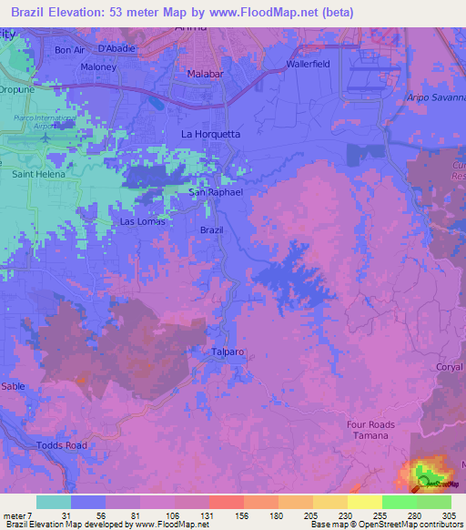 Brazil,Trinidad and Tobago Elevation Map