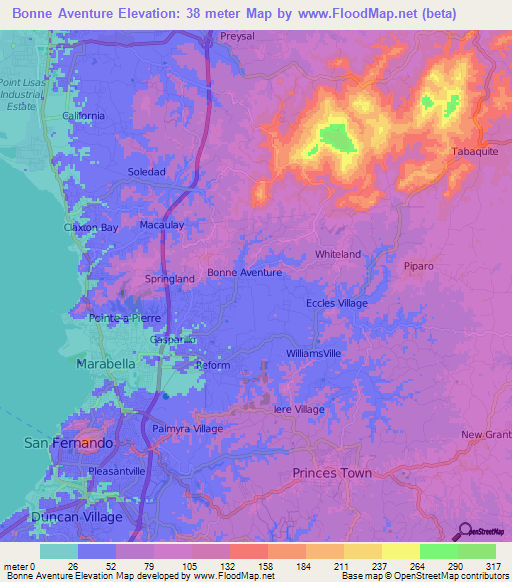 Bonne Aventure,Trinidad and Tobago Elevation Map