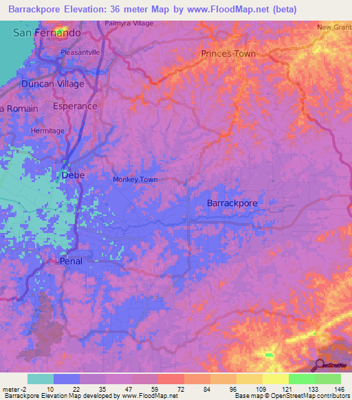Barrackpore,Trinidad and Tobago Elevation Map