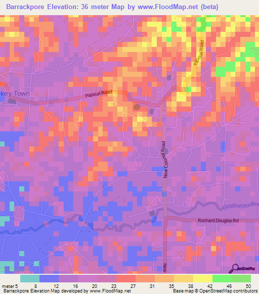 Barrackpore,Trinidad and Tobago Elevation Map