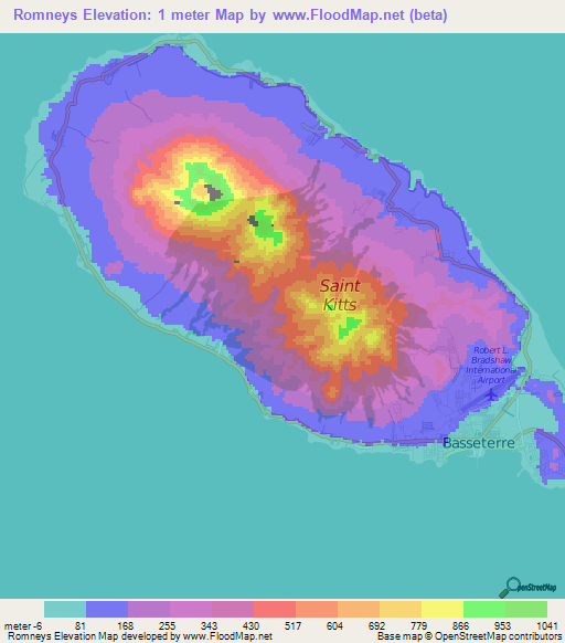 Romneys,Saint Kitts and Nevis Elevation Map