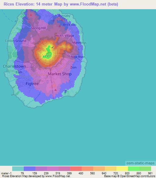 Rices,Saint Kitts and Nevis Elevation Map