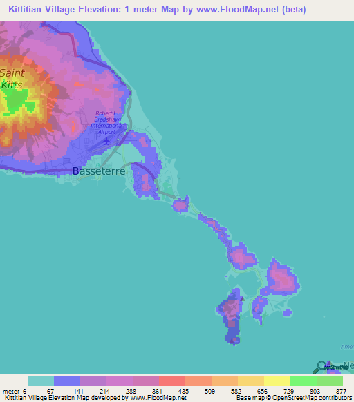 Kittitian Village,Saint Kitts and Nevis Elevation Map