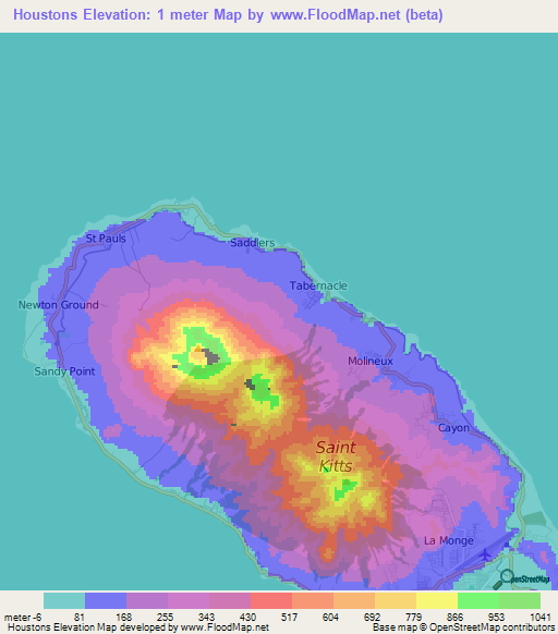 Houstons,Saint Kitts and Nevis Elevation Map