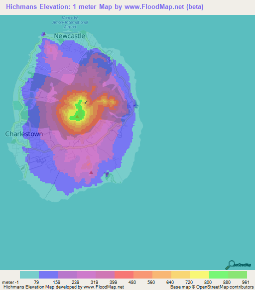 Hichmans,Saint Kitts and Nevis Elevation Map