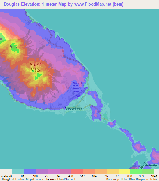 Douglas,Saint Kitts and Nevis Elevation Map