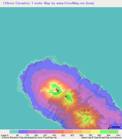 Cliftons,Saint Kitts and Nevis Elevation Map