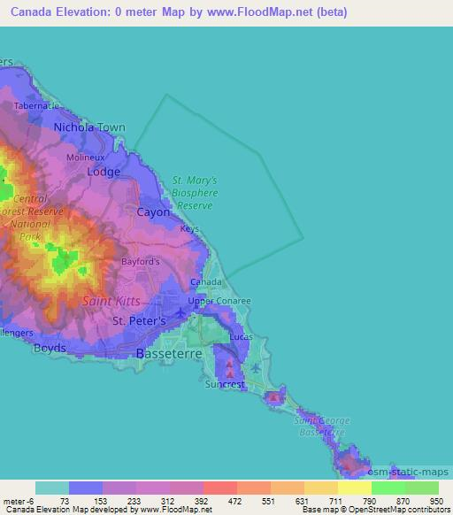Canada,Saint Kitts and Nevis Elevation Map