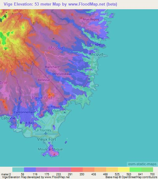 Vige,Saint Lucia Elevation Map
