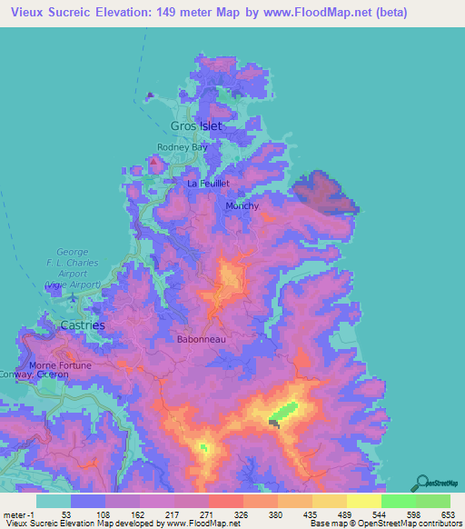 Vieux Sucreic,Saint Lucia Elevation Map