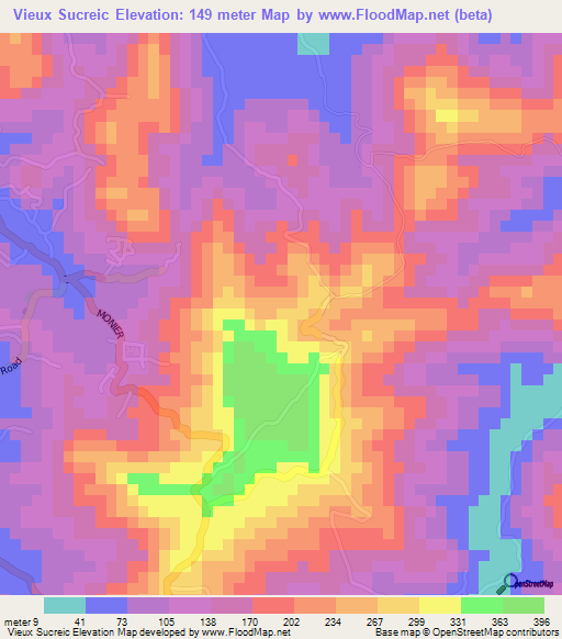 Vieux Sucreic,Saint Lucia Elevation Map