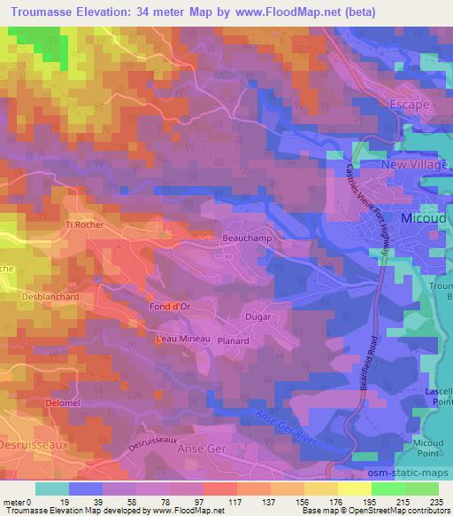 Troumasse,Saint Lucia Elevation Map