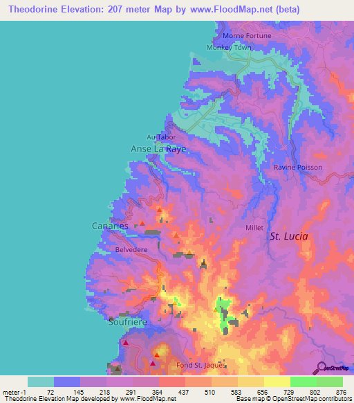 Theodorine,Saint Lucia Elevation Map