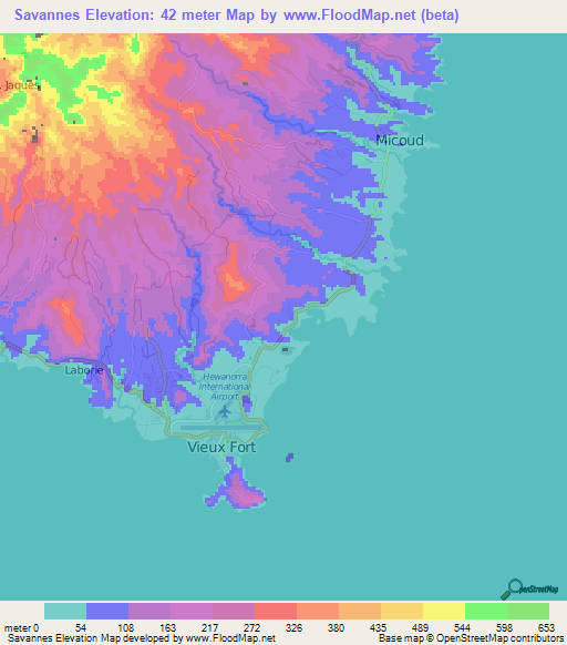 Savannes,Saint Lucia Elevation Map