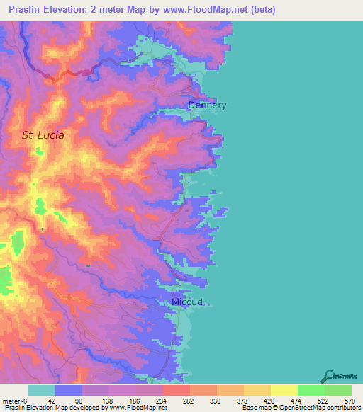 Praslin,Saint Lucia Elevation Map