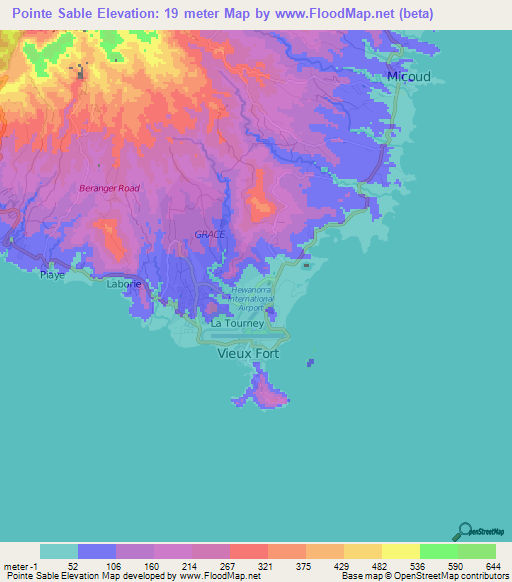 Pointe Sable,Saint Lucia Elevation Map