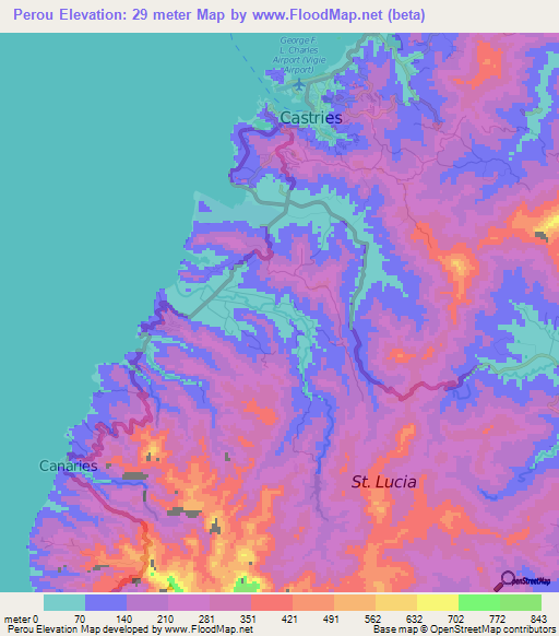 Perou,Saint Lucia Elevation Map