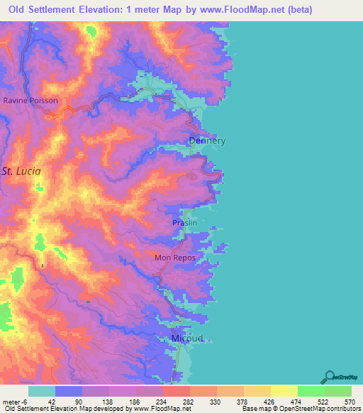 Old Settlement,Saint Lucia Elevation Map