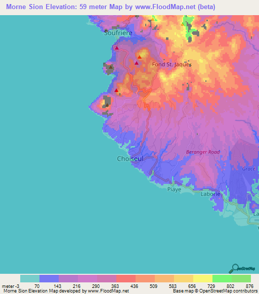 Morne Sion,Saint Lucia Elevation Map