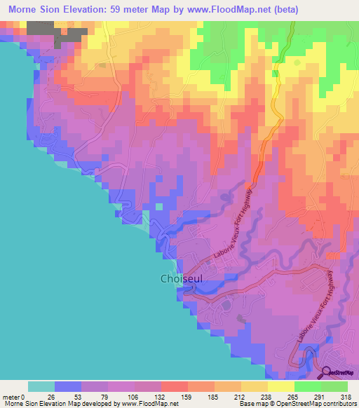 Morne Sion,Saint Lucia Elevation Map