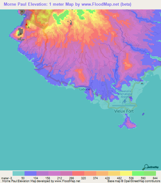 Morne Paul,Saint Lucia Elevation Map