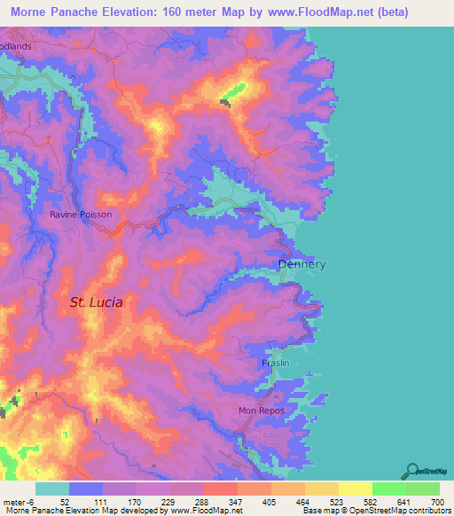Morne Panache,Saint Lucia Elevation Map