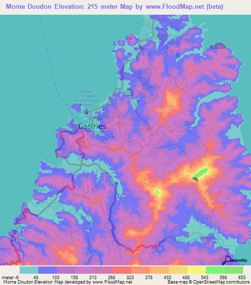 Morne Doudon,Saint Lucia Elevation Map