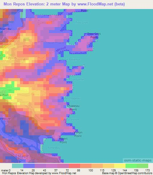 Mon Repos,Saint Lucia Elevation Map