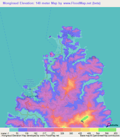 Mongiraud,Saint Lucia Elevation Map