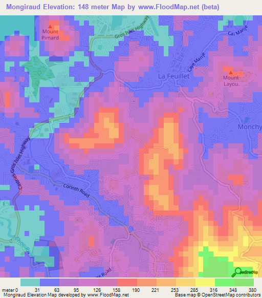 Mongiraud,Saint Lucia Elevation Map