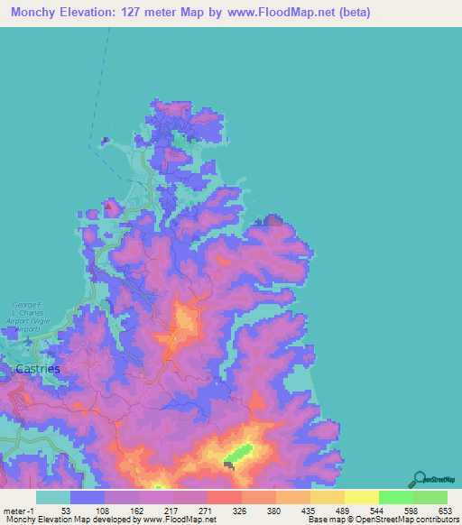 Monchy,Saint Lucia Elevation Map