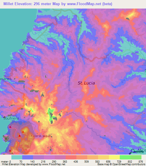 Millet,Saint Lucia Elevation Map